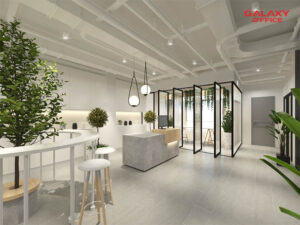 Không gian hiện đại đầy đủ bàn ghế sảnh lễ tân tại văn phòng trọn gói MK Center Võ Văn Kiệt Quận 1