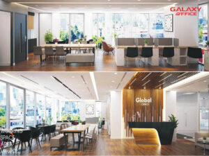 sảnh lễ tân và không gian văn phòng hiện đại trang bị đầy đủ nội thất tại global ab tower