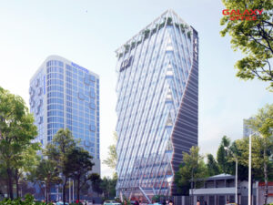 Mặt tiền tòa nhà A&T 171 Hai Bà Trưng, Phường Võ Thị Sáu, Quận 3 với toàn bộ mặt ngoài được phủ bằng kính
