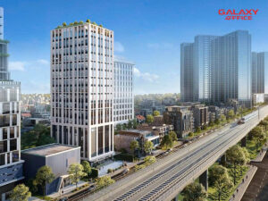 Toàn cảnh TD Tower từ trên cao, nhìn thấy hệ thống giao thông và các tòa nhà lân cận