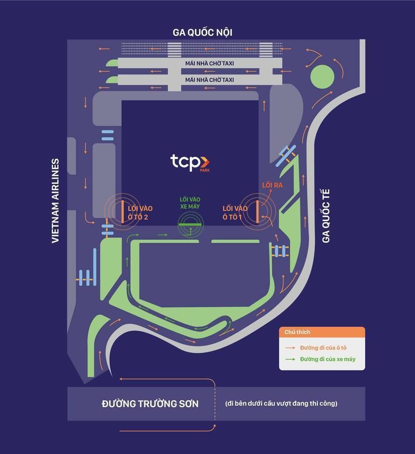 Sơ đồ hướng dẫn đường đi bên ngoài và bên trong nhà gửi xe sân bay Tân Sơn Nhất TCP Park