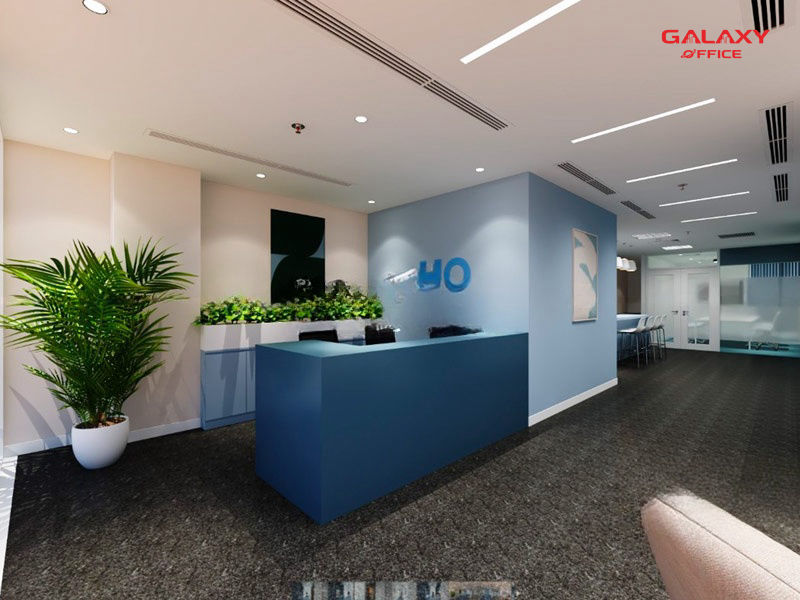 Sãnh lễ tân văn phòng HQ Quận 2 hiện đại nổi bật với tone màu xanh